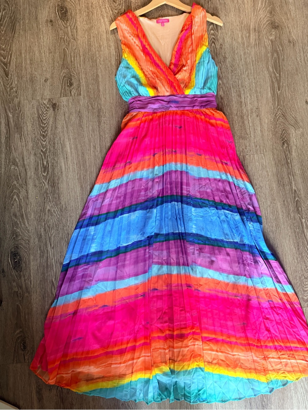 Flying Tomato Rainbow Pleated Maxi Dress Sleeveless V Neck Size L Colorful - Picture 9 of 10